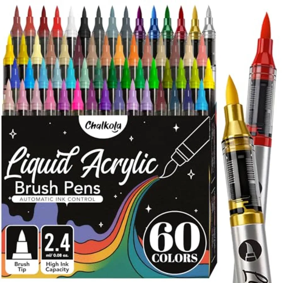 

60 Acrylic Brush Markers - Automatic Ink, Flexible Acrylic Paint Markers Brush Tip, No Bleed, Waterproof Paint Pens for Rock Pa