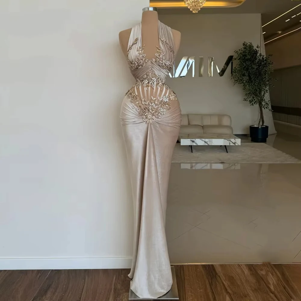 

Charming Women's Mermaid Evening Dresses Halter Neck Robe De Soirée Customized Sleeveless Party Prom Gowns Vestidos Para Mujer