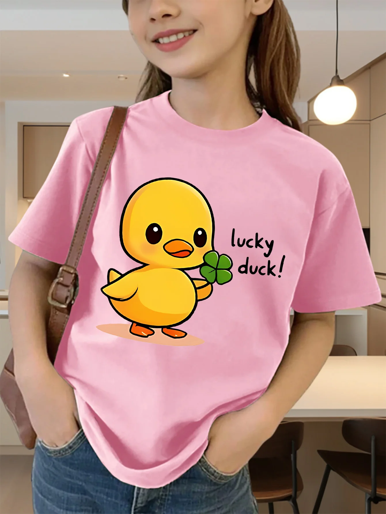 Cute Lucky Duck Clover Cartoon Print Graphic Kids Tee Boys Girls Family Matching Cotton Crew Neck Short Sleeve Soft Summer Tee