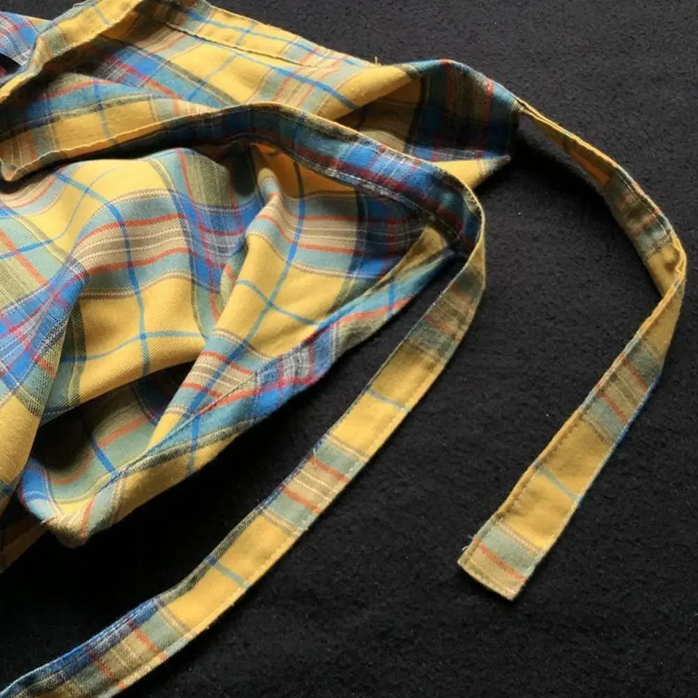 Lässiger Unisex-Rock mit unregelmäßigem Karomuster, Schleifenknoten, elastischer Taille, Hemdstil, blau-weißes Gittermuster, Mini-A-Linien-Kurzrock – Detail 26