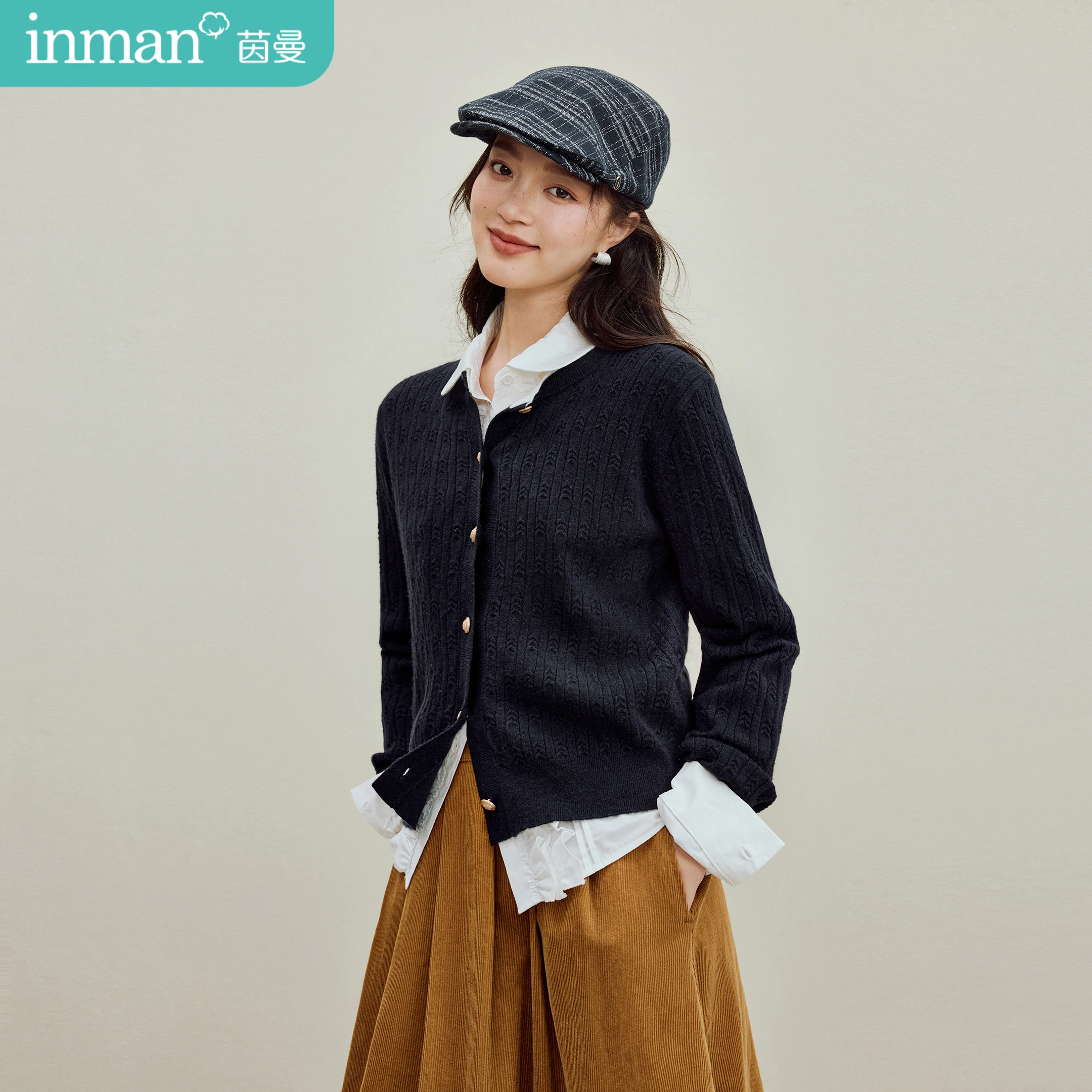 

Inman Women's 2025 Autumn New Long-Sleeve Knit Top - Gray-Tone Fine Cable-Knit Fake Two-Piece Sweater Cardigan