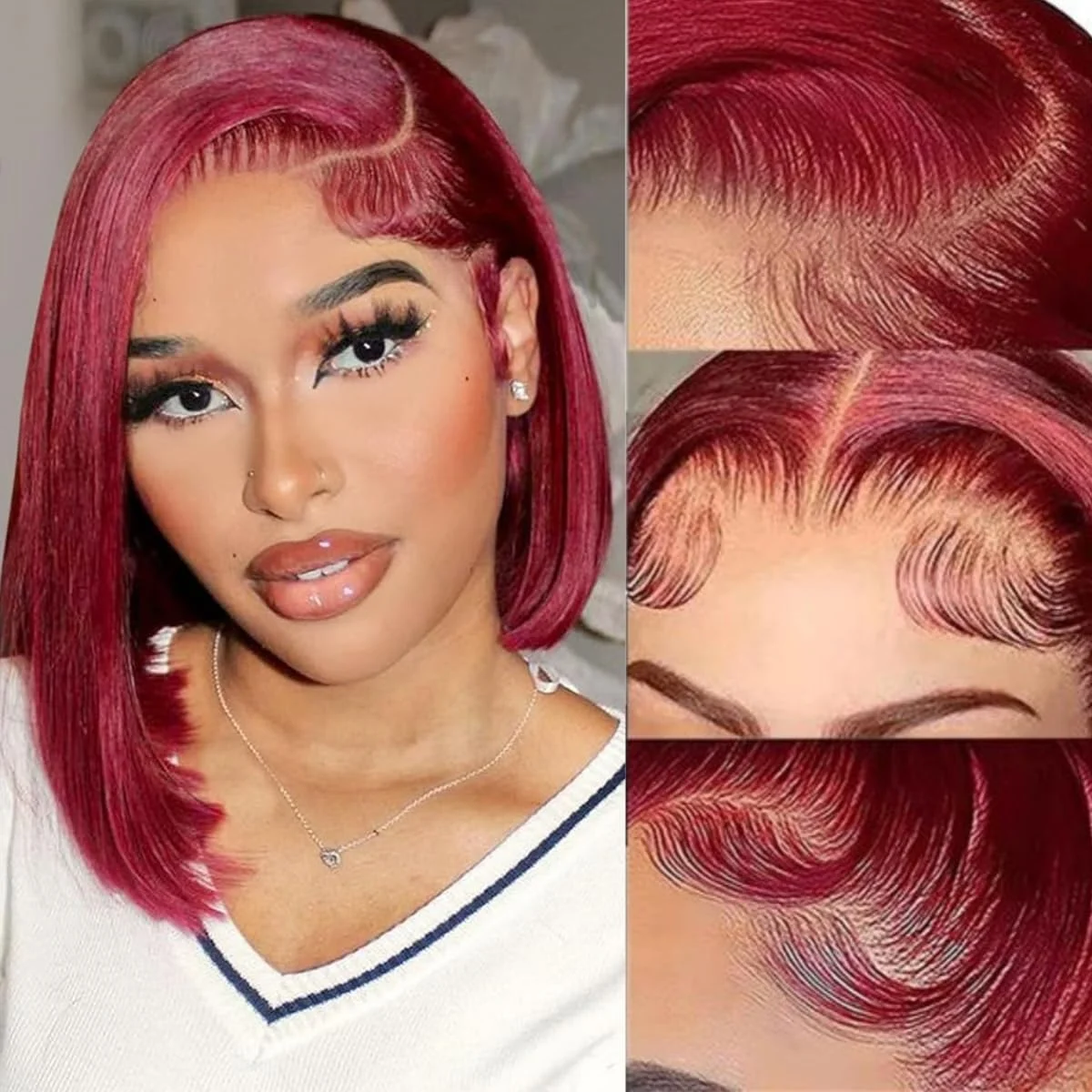 Perruque courte bob rouge bordeaux 99J, 8-12 pouces, lisse comme un bâton, avec dentelle HD 13x4, cheveux humains brésiliens, pour femmes