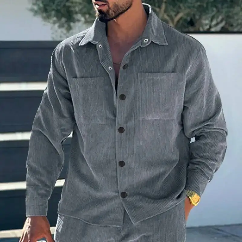 

New Trend Corduroy Cargo Men's Shirts Fashion Lapel Solid Color Buttoned Long Sleeve Cardigan For Men Leisure Multi-Pocket Tops