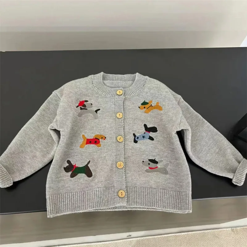 

Корейская детская одежда, вязаный свитер с круглым вырезом для мальчиков и девочек, милый свитер с рисунком собаки, темно-синий, серый, абрикосовый, детская вязаная куртка 90-140