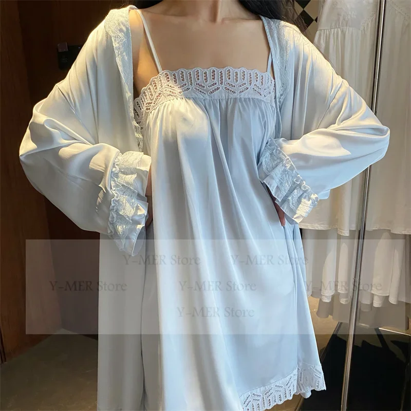 

Bride Wedding Home Dress Set Autumn New Satin Robe Suit Luxury Sexy Lace Trim Vestidos De Novia Short Chemise Sleepwear with Pad