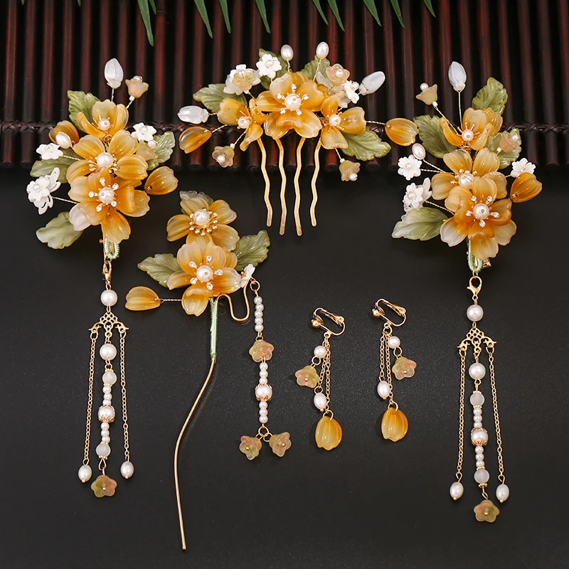 

Woman Ladies Yellow Hairpin Decoration , Chinese Style Hanfu Tassel Glaze Hair Accessories Set