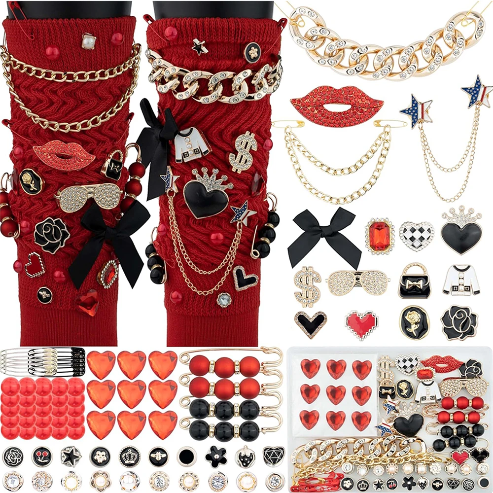 85pcs junk sock pendant set, black and red pendant for women's socks, pearl pins ,clips and brooches for ladies, shoe accessorie