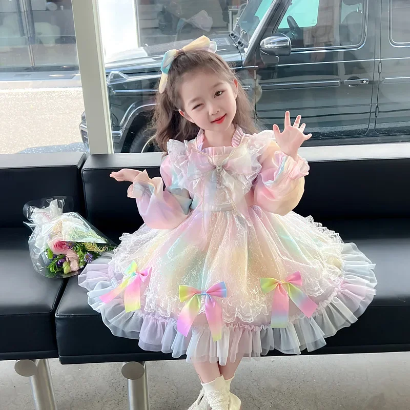 Girls Rainbow Lolita Dress New Fall Dress Long Sleeve Dress Girl Long Sleeve Princess Dress  Ropa De Niña  Girl Clothes