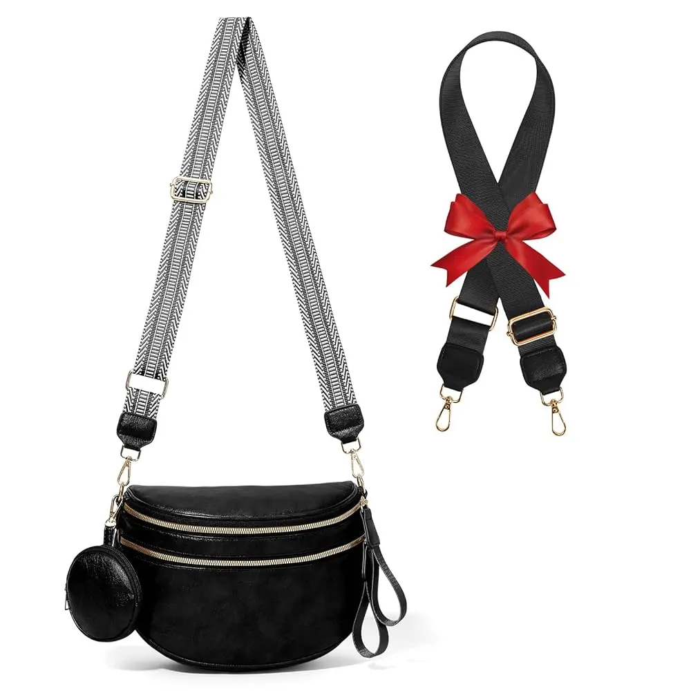 

Large Leather Bum Bag for Women Crossbody Fanny Packs Large Sling Bag Purse with 2pcs Adjustable Strap Leather Belt Wallet (B