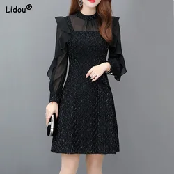 Slender Black A-line Skirt Refreshing Youth Popularity Fashion O-neck Gauze Long Sleeved Dress Autumn Women's Clothing 2022