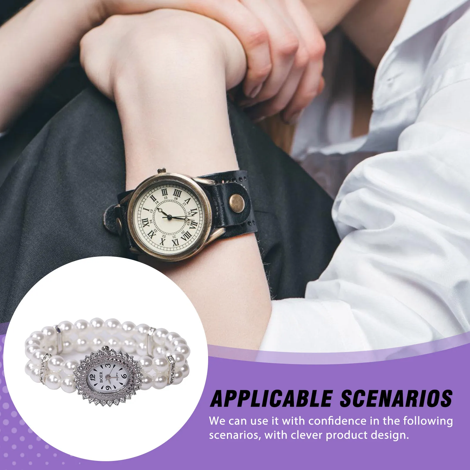 Women's Quartz Wrist Watches Double-Row Imitation Pearl Elastic Bracelet Watch for Women Birthday Holiday Gift