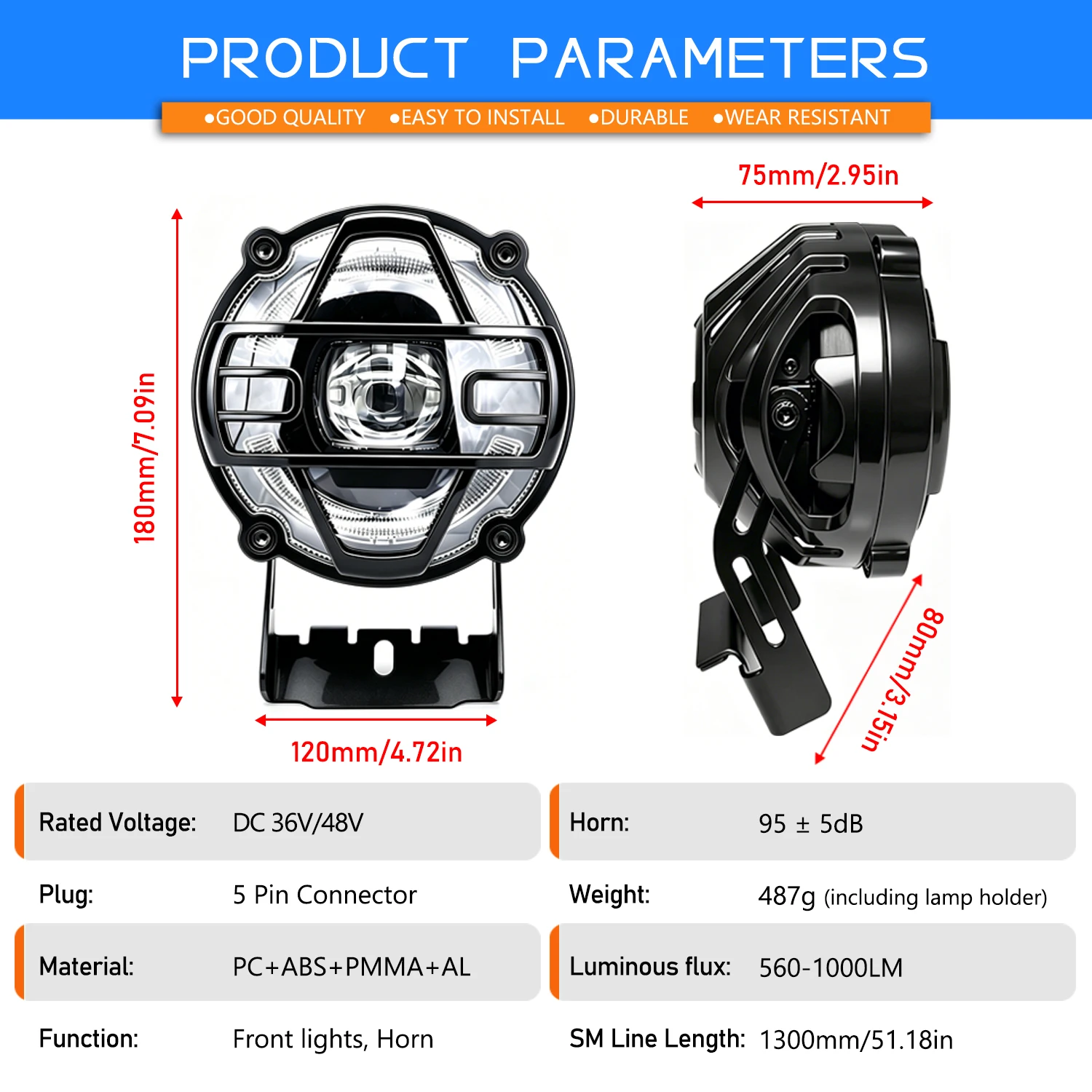 Ebike LED Light 36V 48V DMD-X5 5Pins Electric Bike Headlight Front Lamp with Horn Mountain Bike Accessories Bicycle Lights