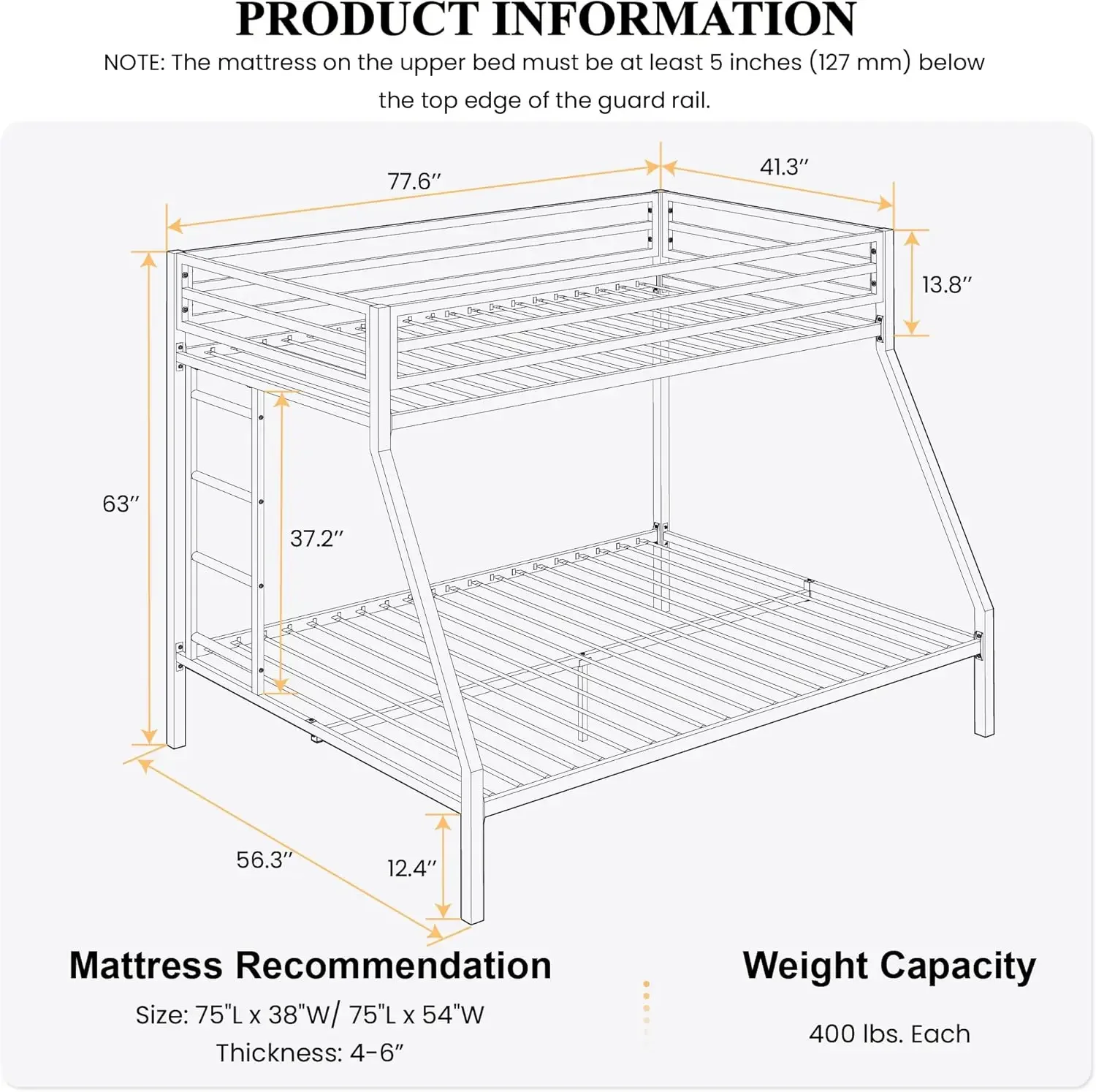 Metal Bunk Bed Twin Over Full Size with Removable Stairs, Heavy Duty Sturdy Frame with 12