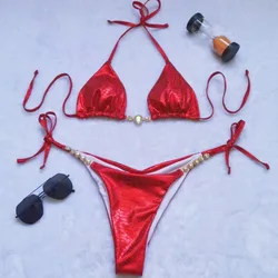 Bikinis rojos con diamantes de imitación para mujer, traje de baño Sexy, Bikini brasileño con Push-Up, ropa de playa, trajes de baño para piscina