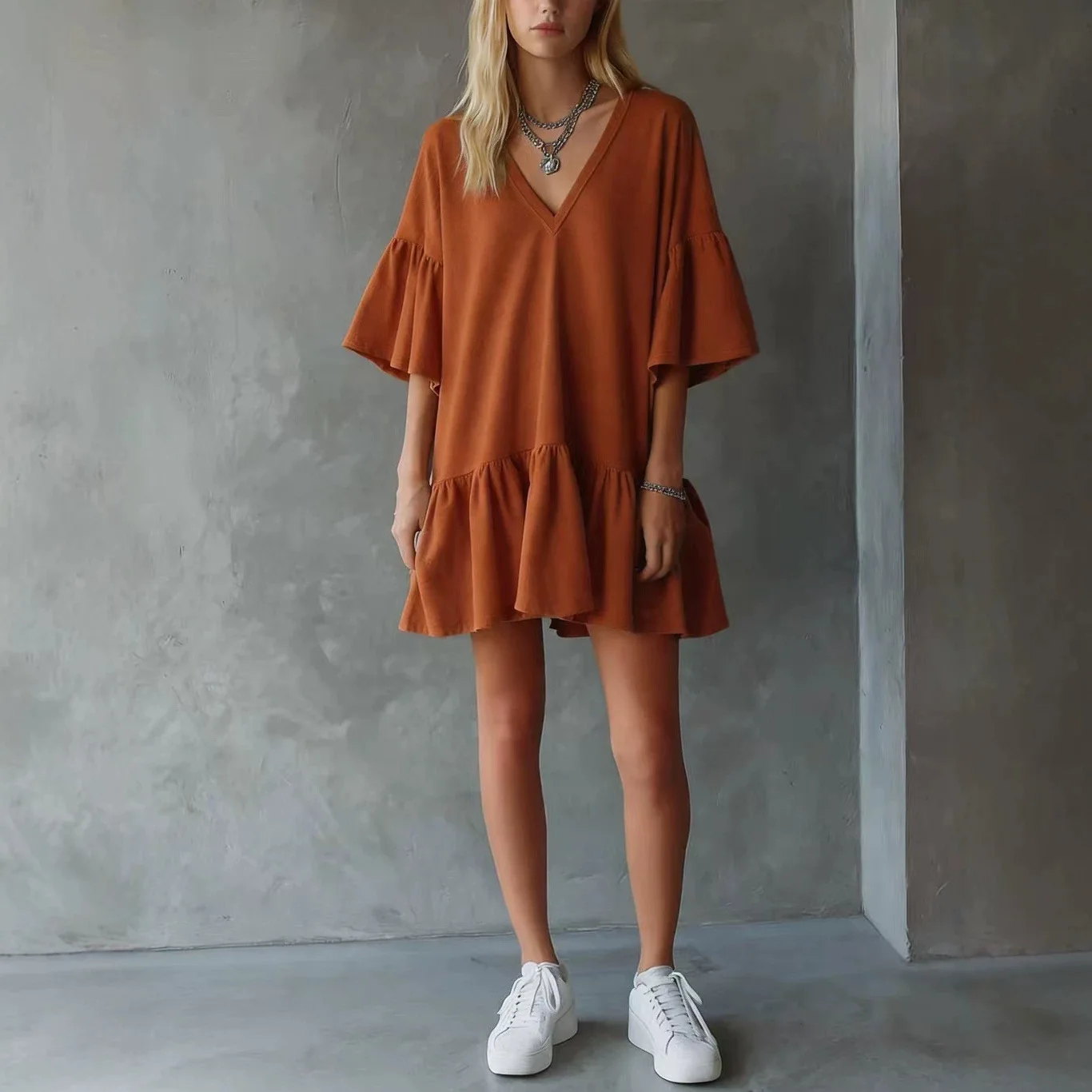 Women Lazy Solid Color V Neck Ruffle Dress Summer Loose Casual All-match Dress