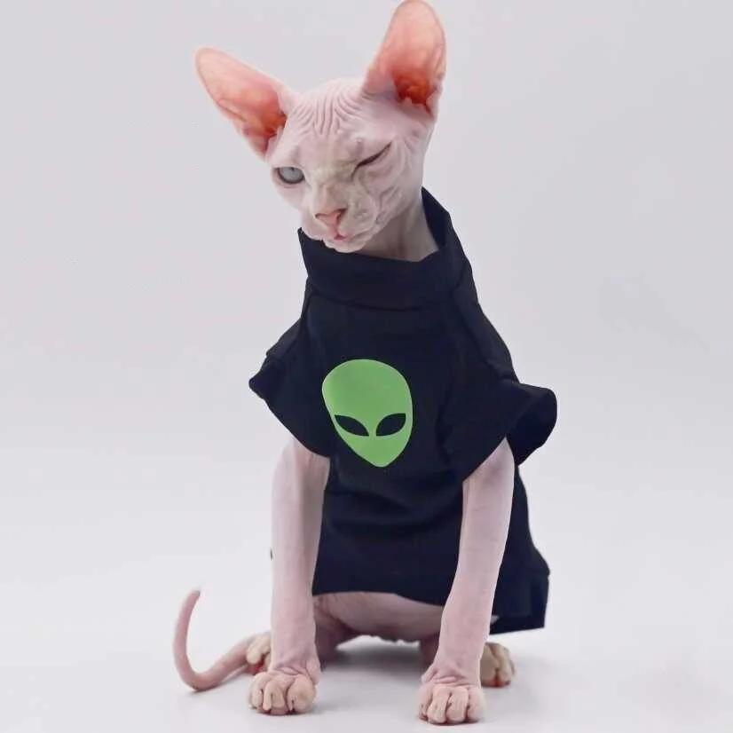 Cat Clothing Dark Blue Alien Print Cotton Short Sleeves T-shirt for Sphinx Cat Spring Vest for Devon Rex Cartoon Loungewear