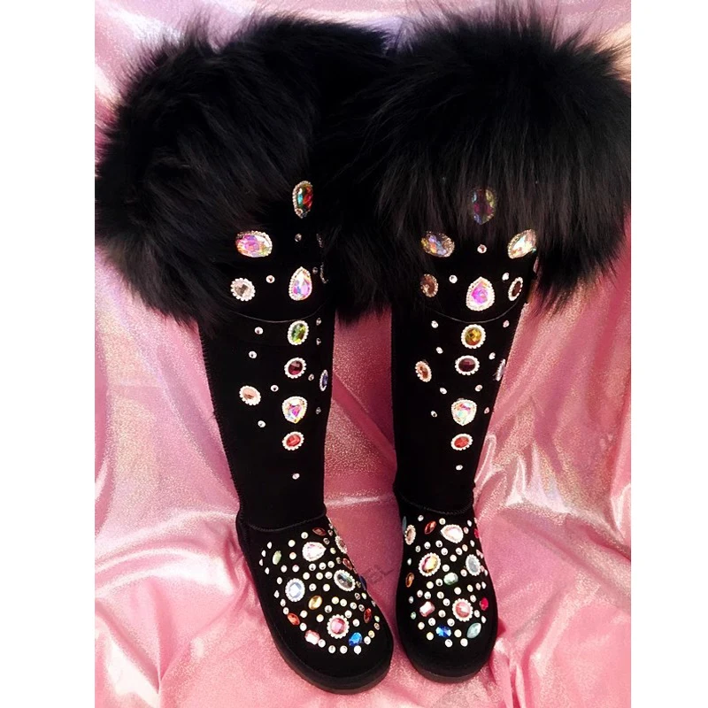 Bohemia Big Real Fox Fur Wrapped Multi Gem Diamonds Snow Boots Woman Jeweled Crystal Round Toe Winter Warm Plush Boots Shoes