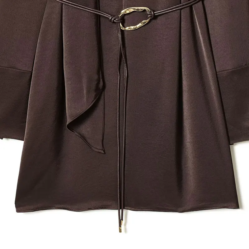 Nlzgmsj 2026 elegante elegante satén marrón bufanda cuello mujeres vestido de manga larga cinturón de moda decoración vestido de mujer