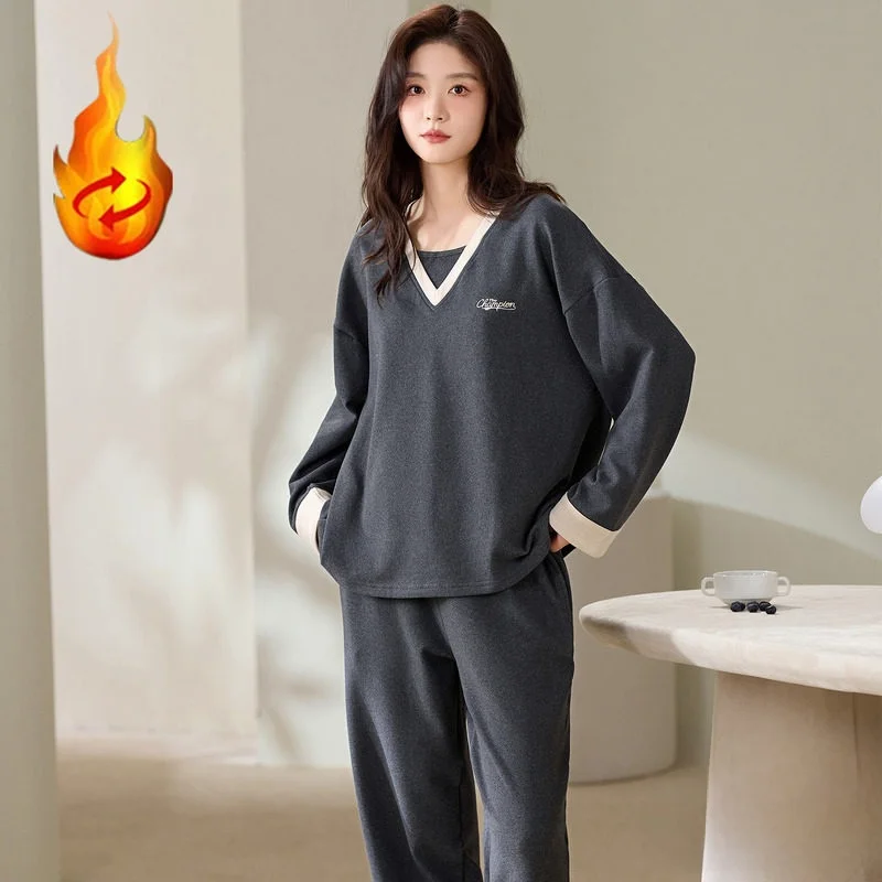 Thermal Lightweight Fleece Pajamas Set for Women Casual Long Sleeve Home Clothes V-Neck Comfortable Soft Dervo Autumn Winter ...