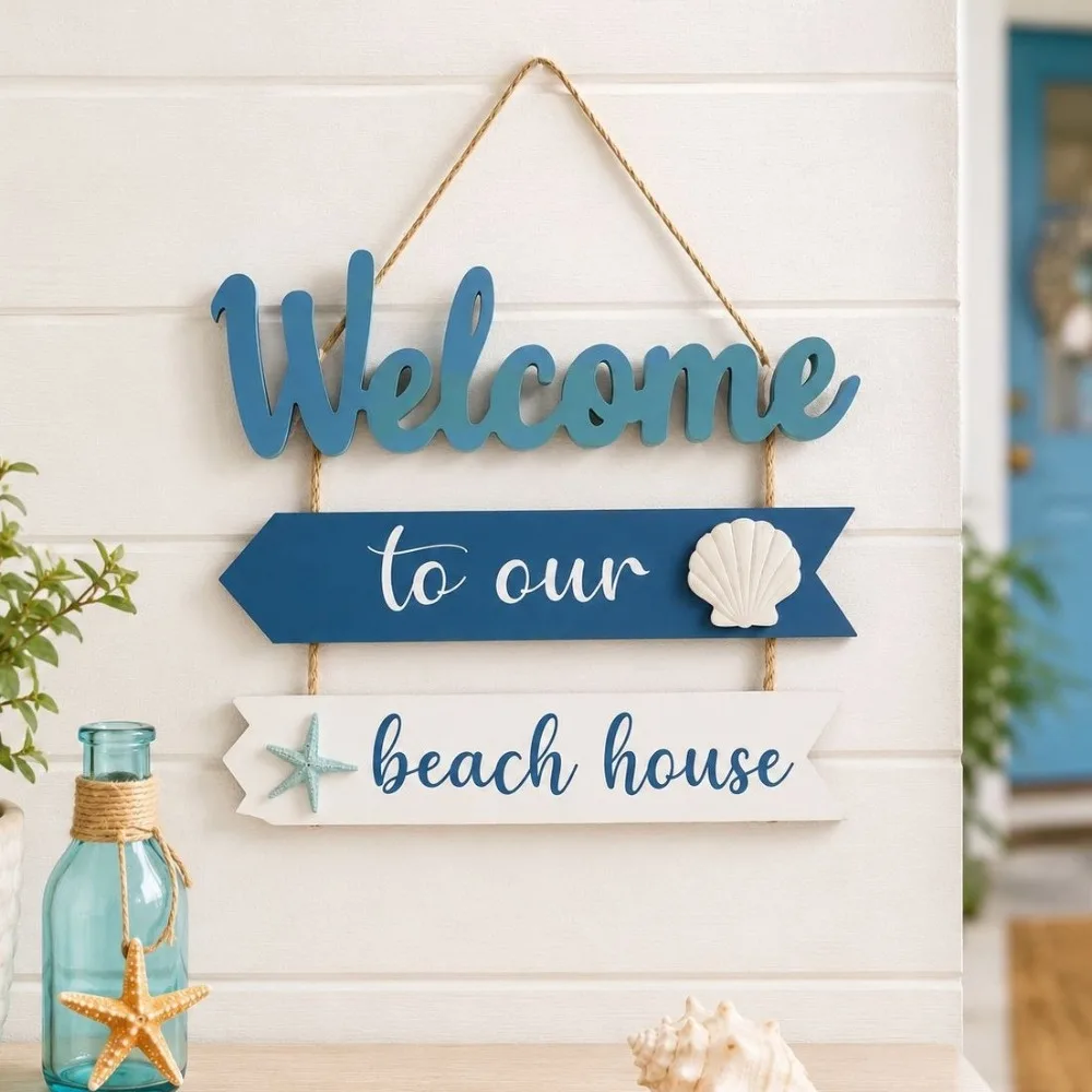 Marine Style Wooden Wall Hanging Ocean Theme Flip Flop Shape Door Sign Artistic Design Farmhouse Slipper Hanging Porch Decor