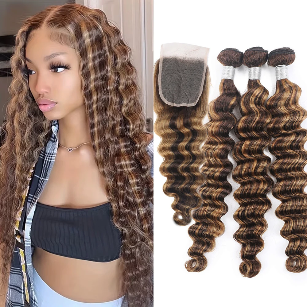 

Свободные глубокие волны 30-дюймовые человеческие волосы 3 4 пучка с застежкой Медовый блондин Выделите бразильский пучок с фронтальной частью для женщин