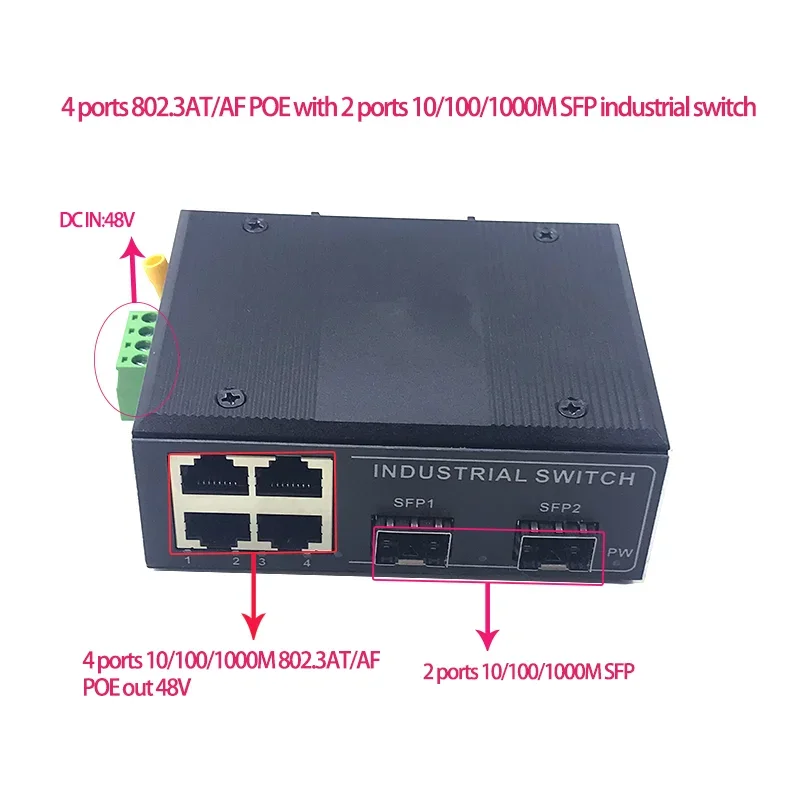 

4 порта 10/100/1000M 802.3at/af POE 48В с 2 портами 10/100/1000M SFP Ethernet industrial swith