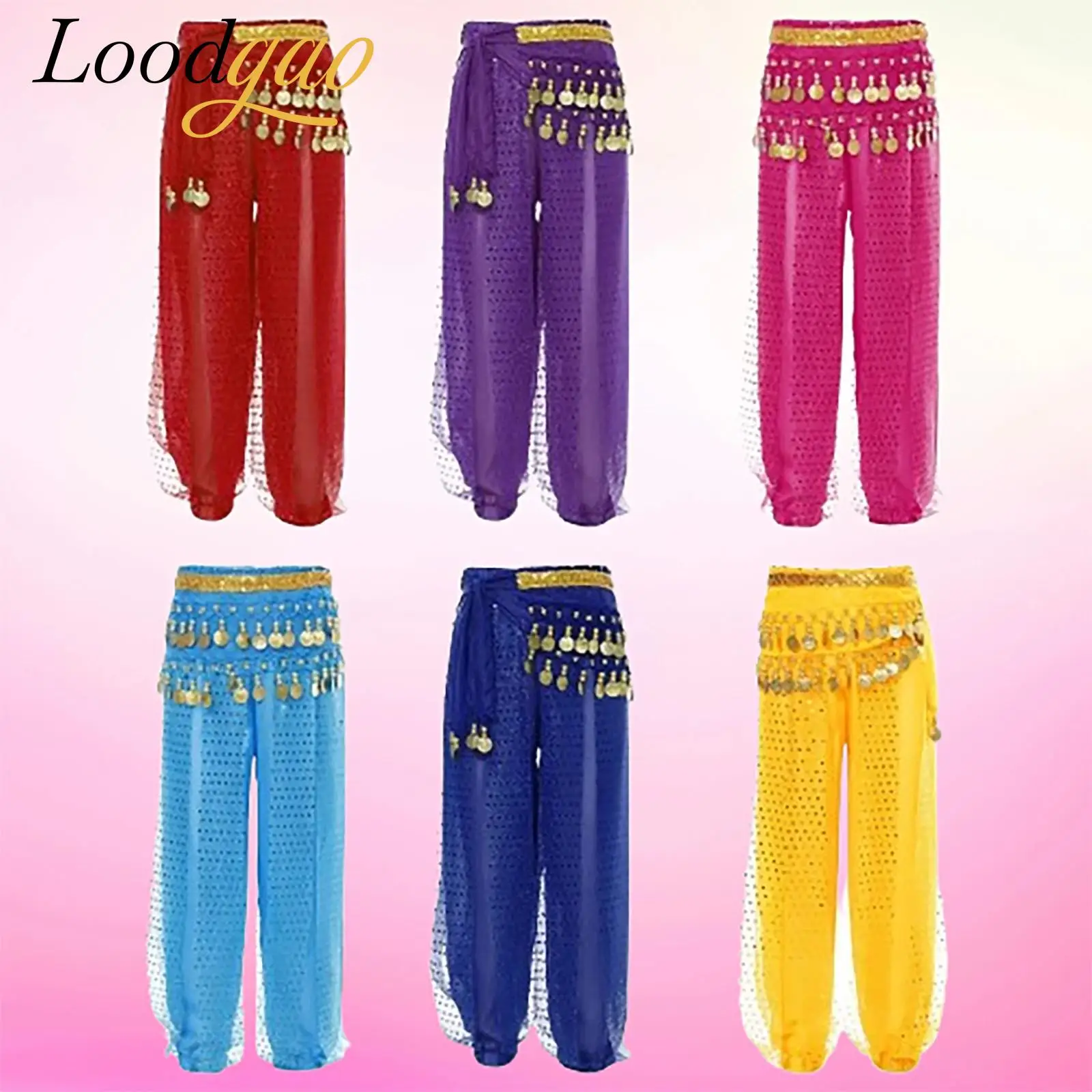 

Kids Girls Belly Dance Hip Scarf Chiffon Trousers Bloomers Arabian Princess Performance Costumes Indian Dancing Harem Pants