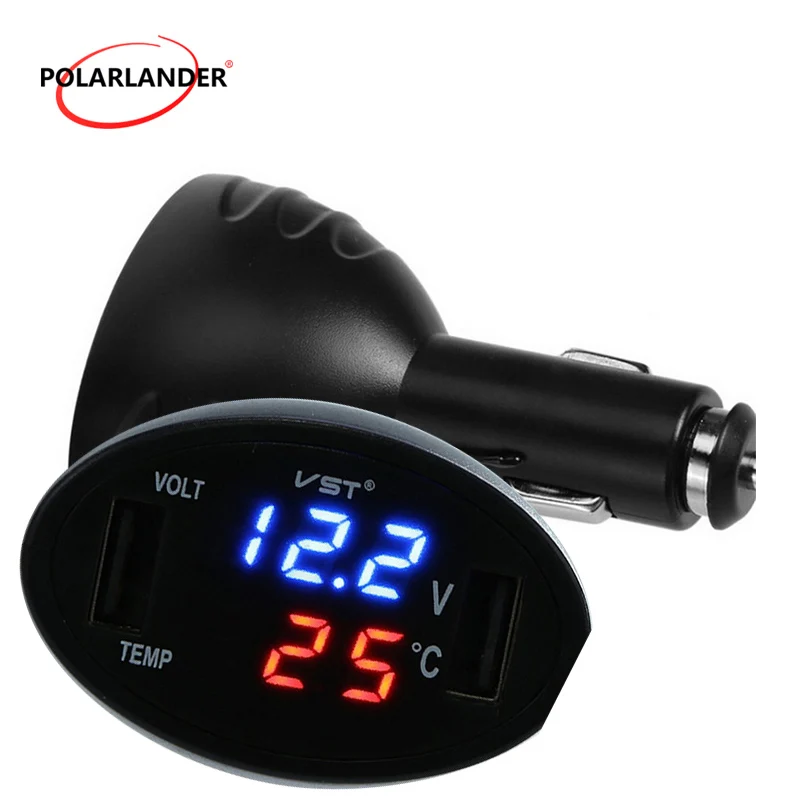 Usb Interface Car Charger 12V 24V Temperature Voltage Meter 3 in 1 Digital LED Thermometer Monitor Dual USB Ports Accessories