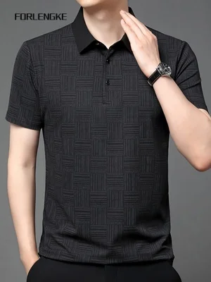 FORLENGKE Summer Men's Jacquard Check Polo Shirt Short Sleeve Collared Casual T-Shirt Breathable Textured Top for Middle-Aged Me