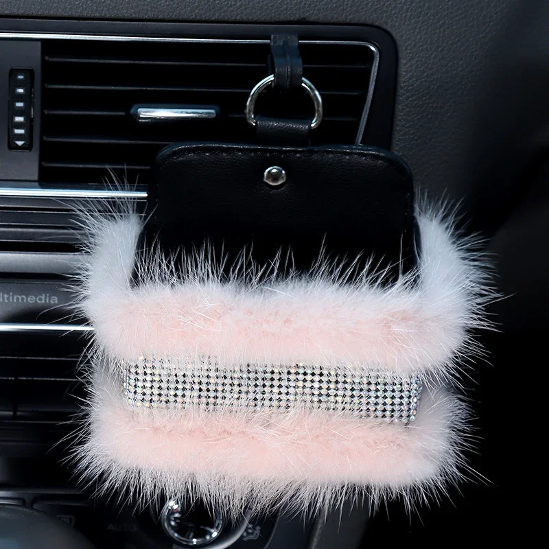 Lovely Car Air Vent Outlet Clip Storage Bag Furry Tickets Phone Organizer Pocket Holder with Crystals for Women Girl Gift