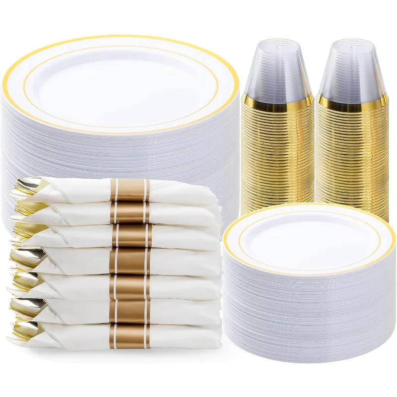 

350PCS Gold Plastic Dinnerware Set, Disposable Party Plates for 50 Guests, Include: 100 Plastic Plates, 50 Pre Rolled