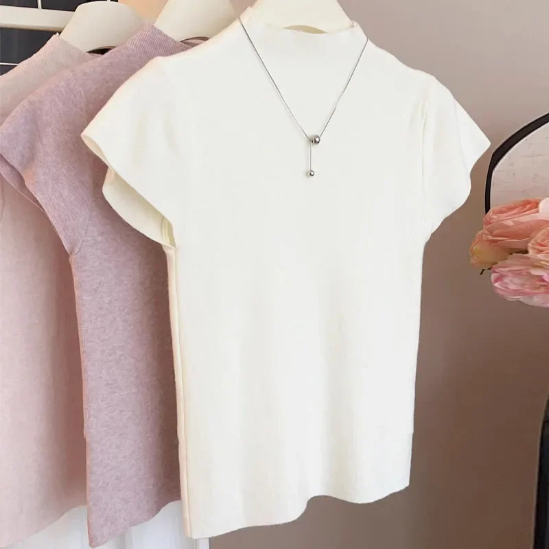 

Knitted Sweater Women Pullovers New Short Sleeve Mock Neck white Knit Sweater Pullover Women Tops Sweaters Women Clothing Q1255