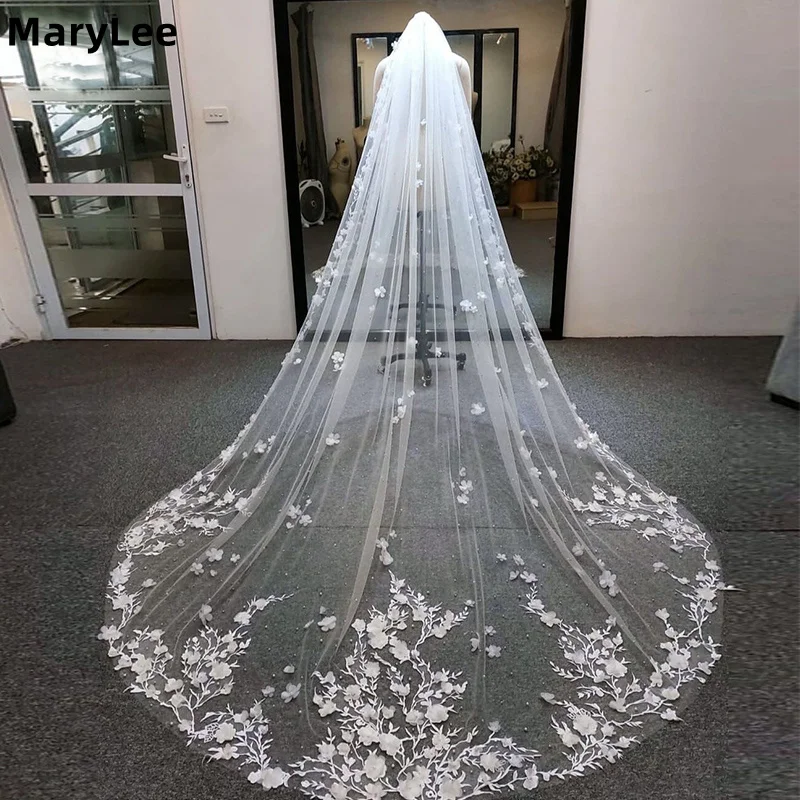 

Romantic 3D Floral Lace Pearls Wedding Veil One Layer Long Ivory Bridal Veils 3M Wedding Accessories Velo de Novia Customized
