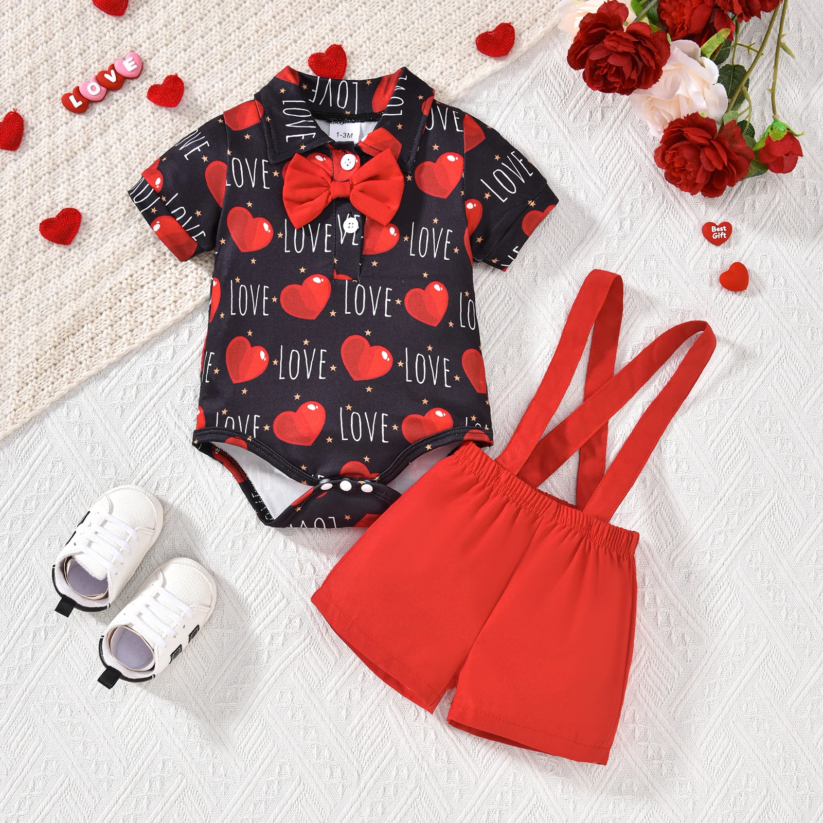 Set pakaian Hari Valentine anak laki-laki, setelan baju monyet lengan pendek kerah Lapel, celana Suspender, Set pakaian cantik