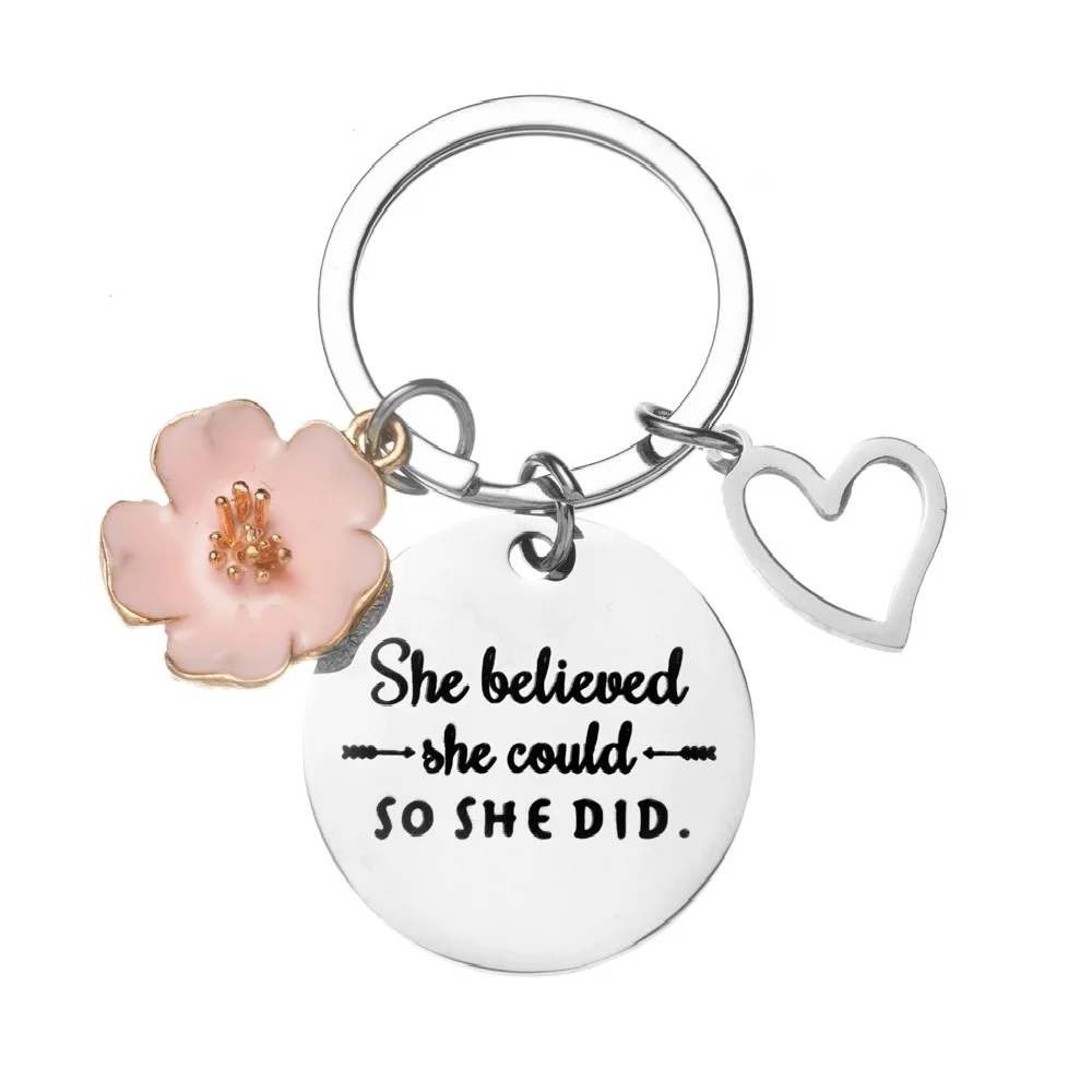 Petal Peach Heart Key Ring She Believed She Could So She Did Stainless Steel Keychain