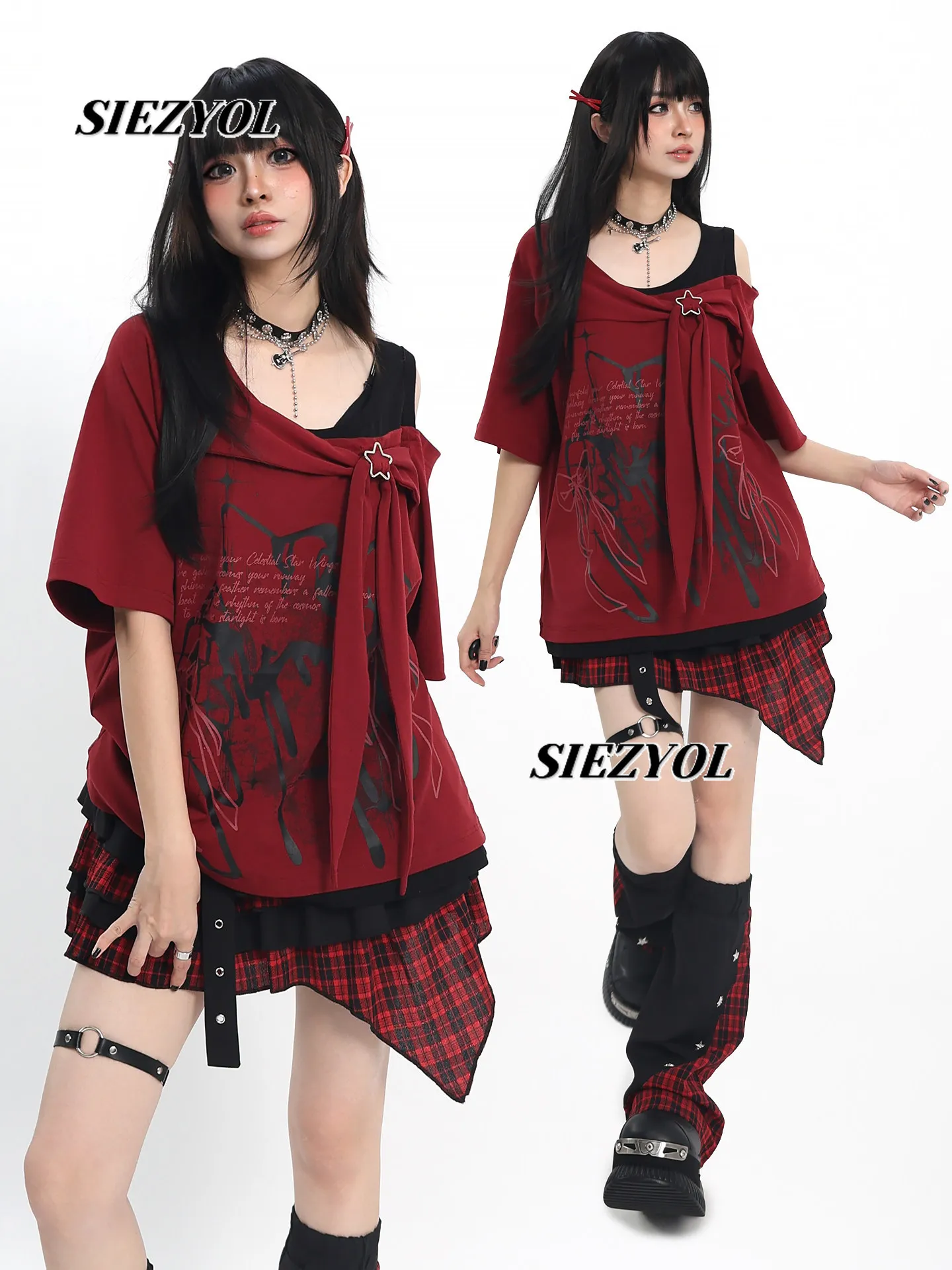 Summer New Arrival Off-shoulder Patchwork Short-sleeved T-shirt Original Niche Style Loose Tops Y2k Sweet Cool Women's Tees