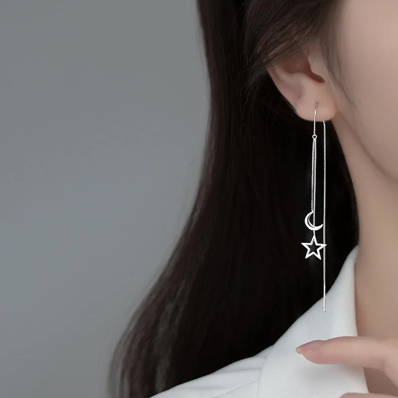 Trend Long Wire Tassel Thread Chain Climb Hollow Star Moon Pendants Drop Earrings Women's Straight Hanging Earings Jewelry