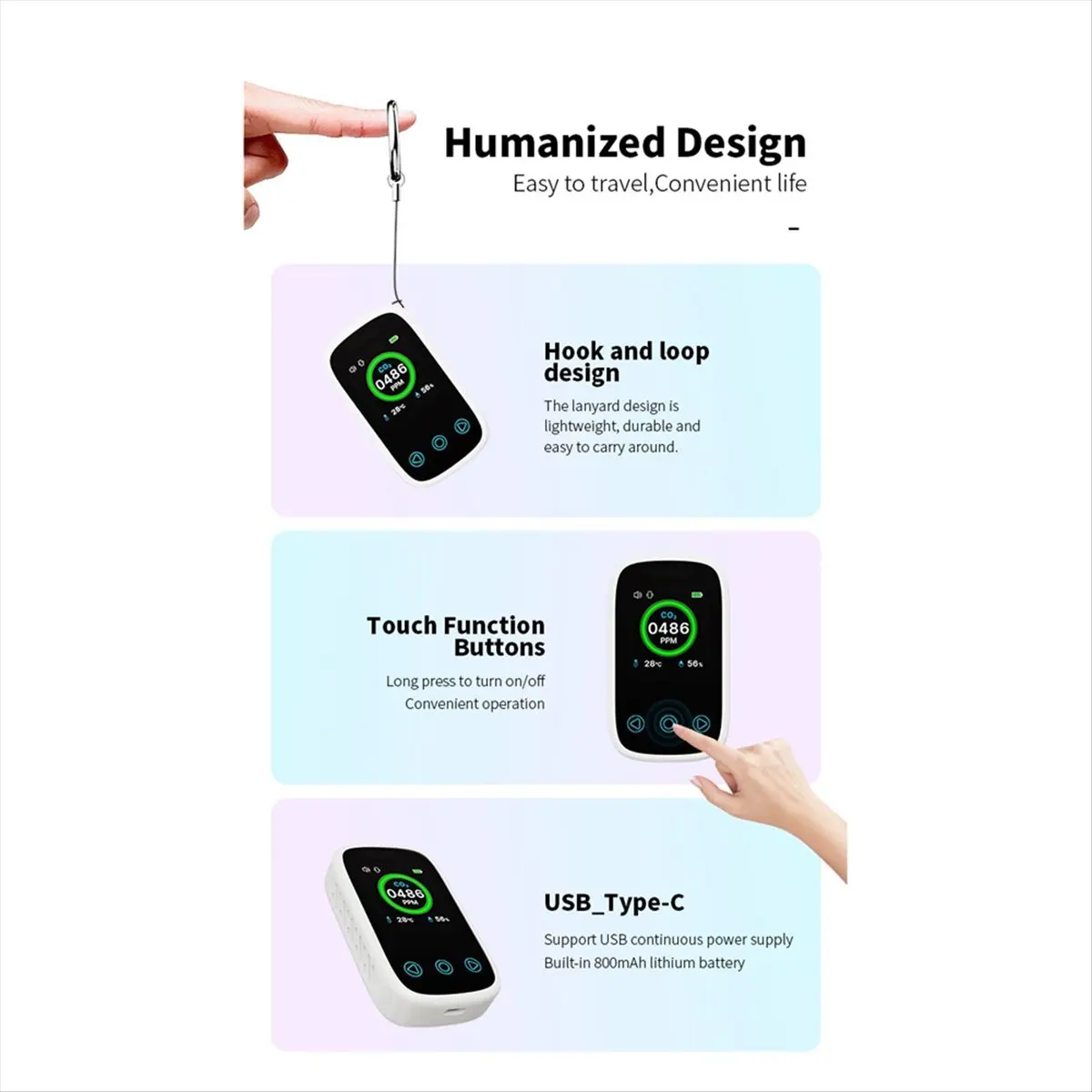 Goodprice 3 in 1 Digital Portable Carbon Dioxide Detector with Alarm Mini Temperature & Humidity Meter CO2 Detector for Indoor