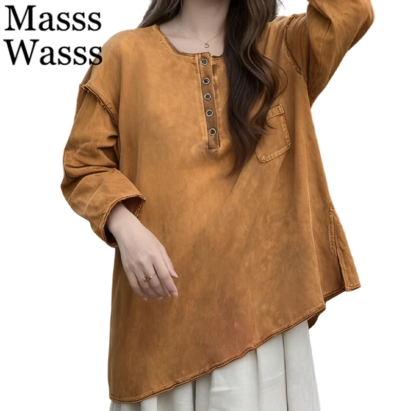 

Masss Wasss 2026, весенние корейские винтажные однотонные топы, женские модные свободные футболки, женская повседневная классическая одежда с круглым вырезом и длинными рукавами