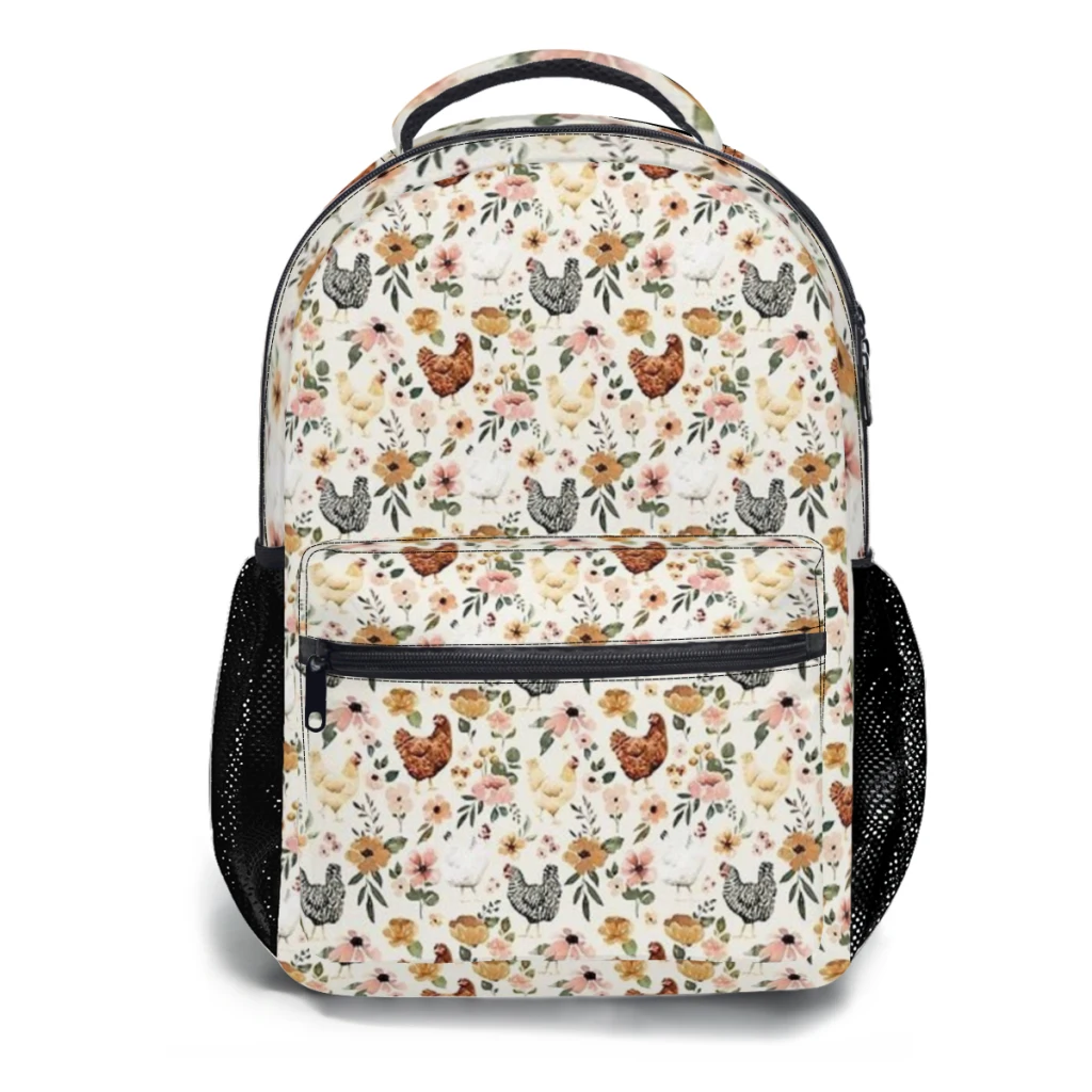 Watercolor Chicken Floral, Charlotte Floral Collection For kids Large Capacity Student Backpack Cartoon School Backpack  17inch