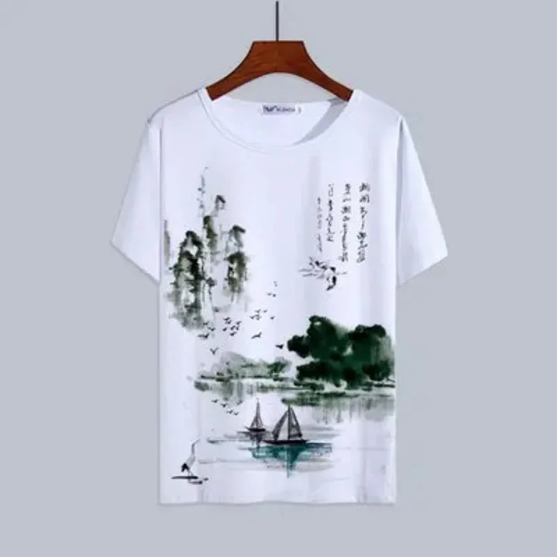 Camiseta de manga corta con estampado 3D de paisaje para hombre, camiseta de estilo chino, pintura de lavado de tinta Harajuku, camisetas de verano con dragón nacional para mujer