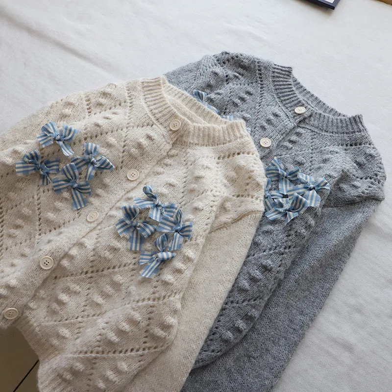2025 Autumn/Winter New Round Neck Bow Knot Short Versatile Knit Cardigan Sweater for Women
