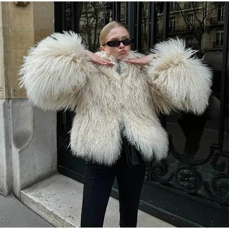 Fashion Apricot Faux Fur Coat For Women Short Style Imitation Mongolia Sheep Fur Street Cardigan Jacket Winter New 7YLB5