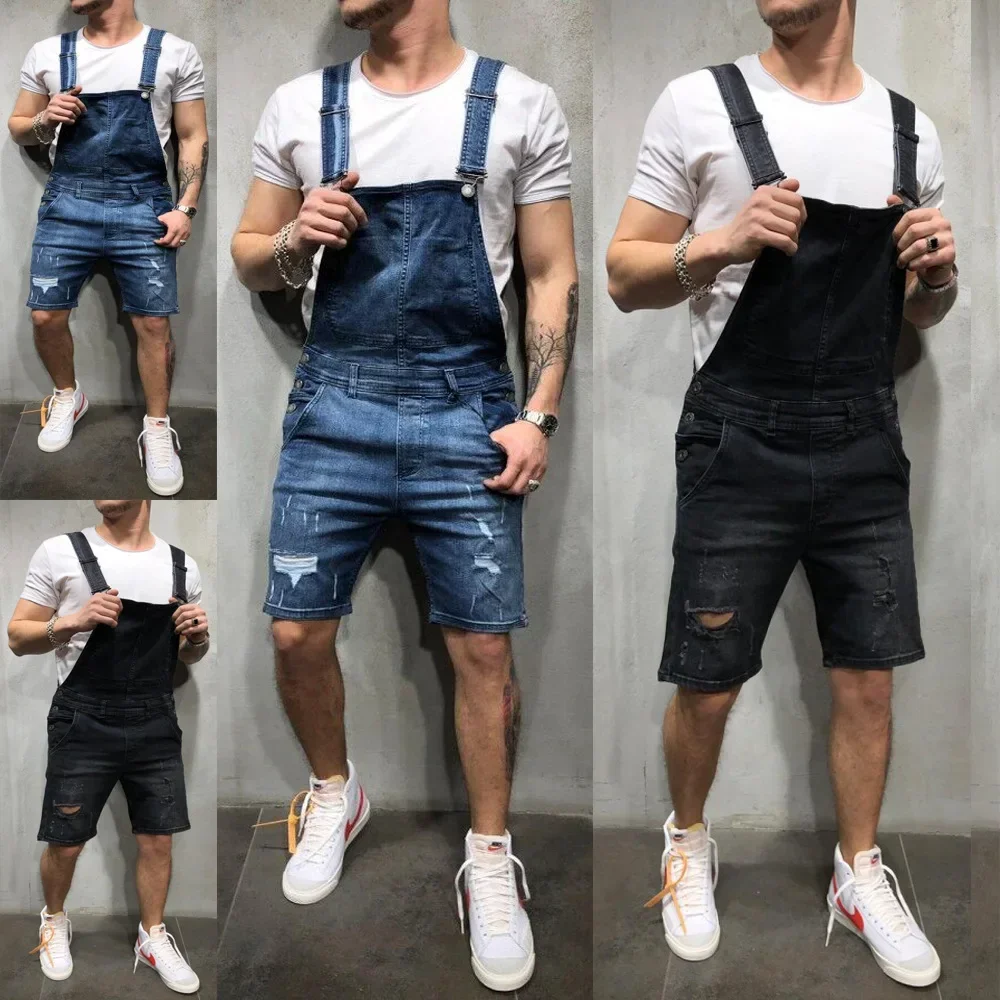 

Men Jeans Shorts Denim Holes High Waist Spliced Knee Length Washing Pockets Straight Distressed Overalls One Piece jumpsuit 2025