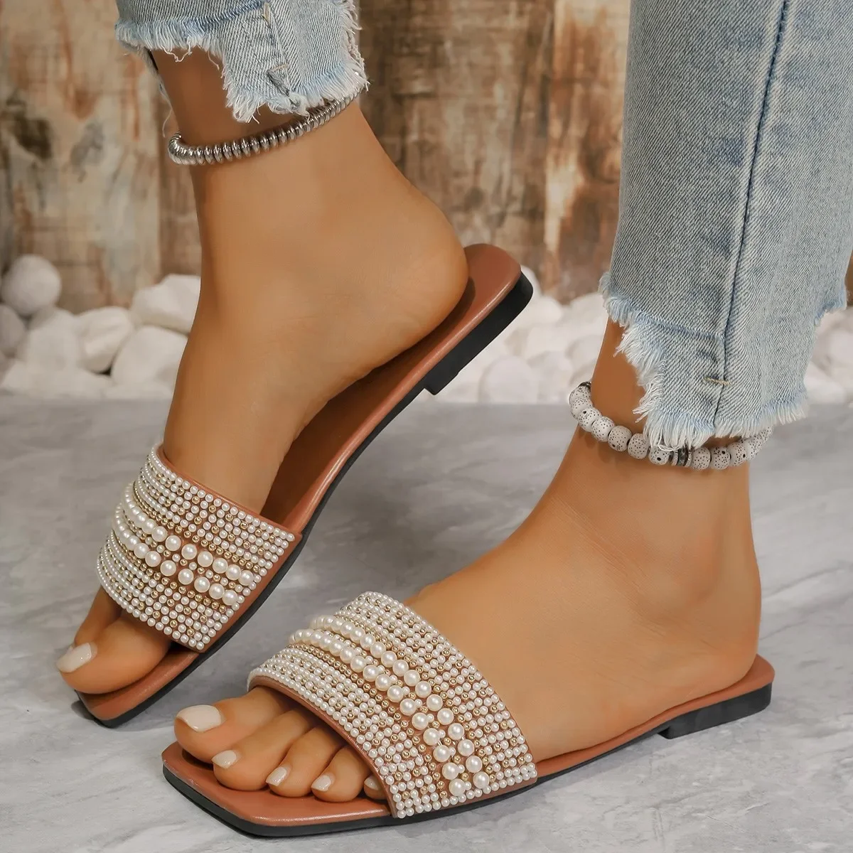 Women Luxury Pearl Slippers 2024 Summer Square Toe Flats Slides Sandals Woman Comfortable Non Slip Beach Flip Flops Big Size 43