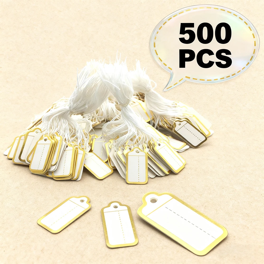 

500 PCS Rectangle Card Paper Writable Gold Edge Display Tool Hanging Tags Jewelry Price Labels Jewellery Hangtags with Words