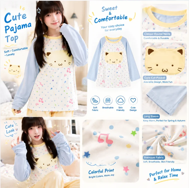Y2K Cute Cartoon Cat Casual Long Sleeve T-shirt Loose Shoulder Pullover for Women Japanese Atmosphere Daily Home Top
