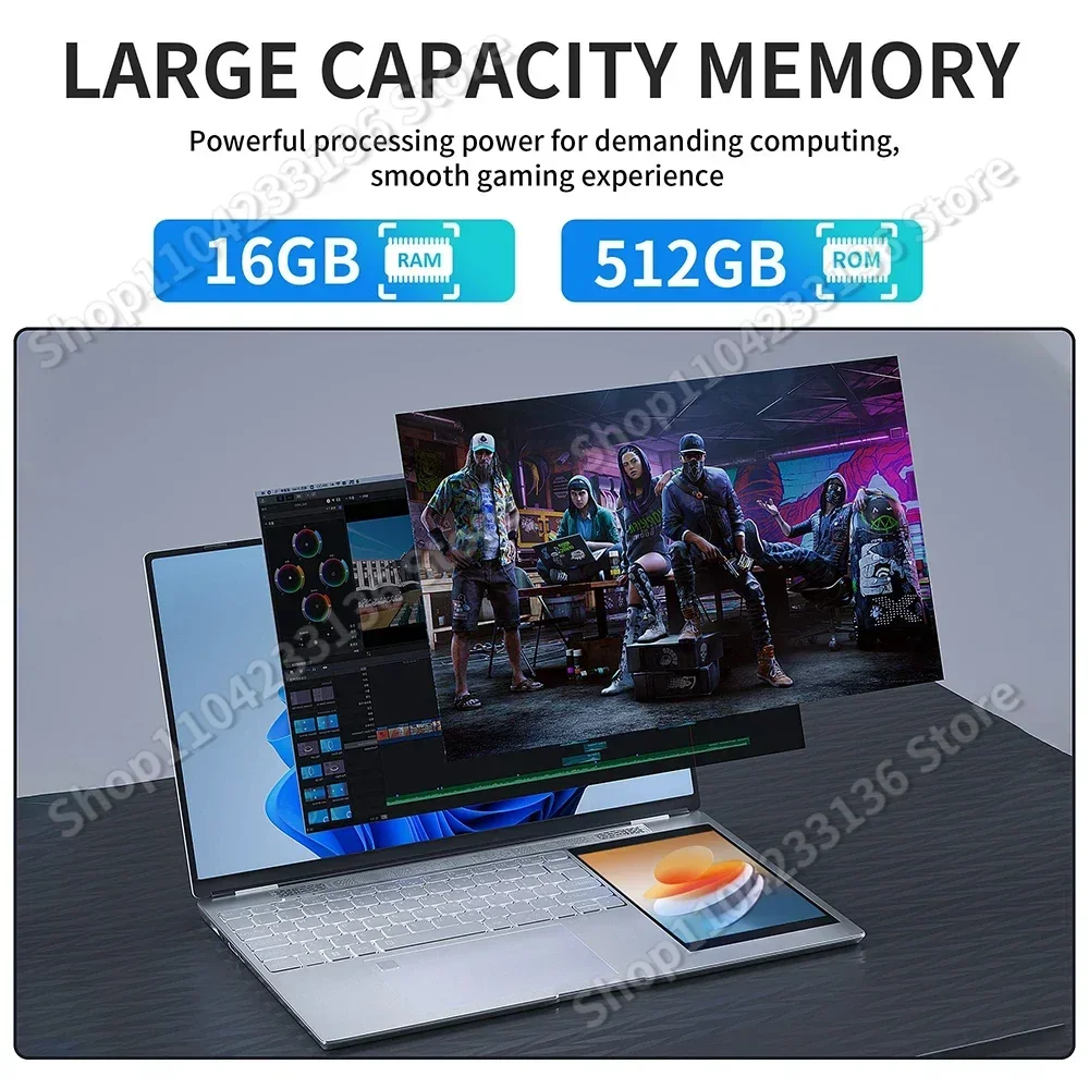 2024 Dual-Screen-Laptop Windows 11 Notebooks Bürocomputer PC Schmal 15,6" +7" Touch Intel N5105 16 GB RAM + 1 TB M.2 5G WiFi