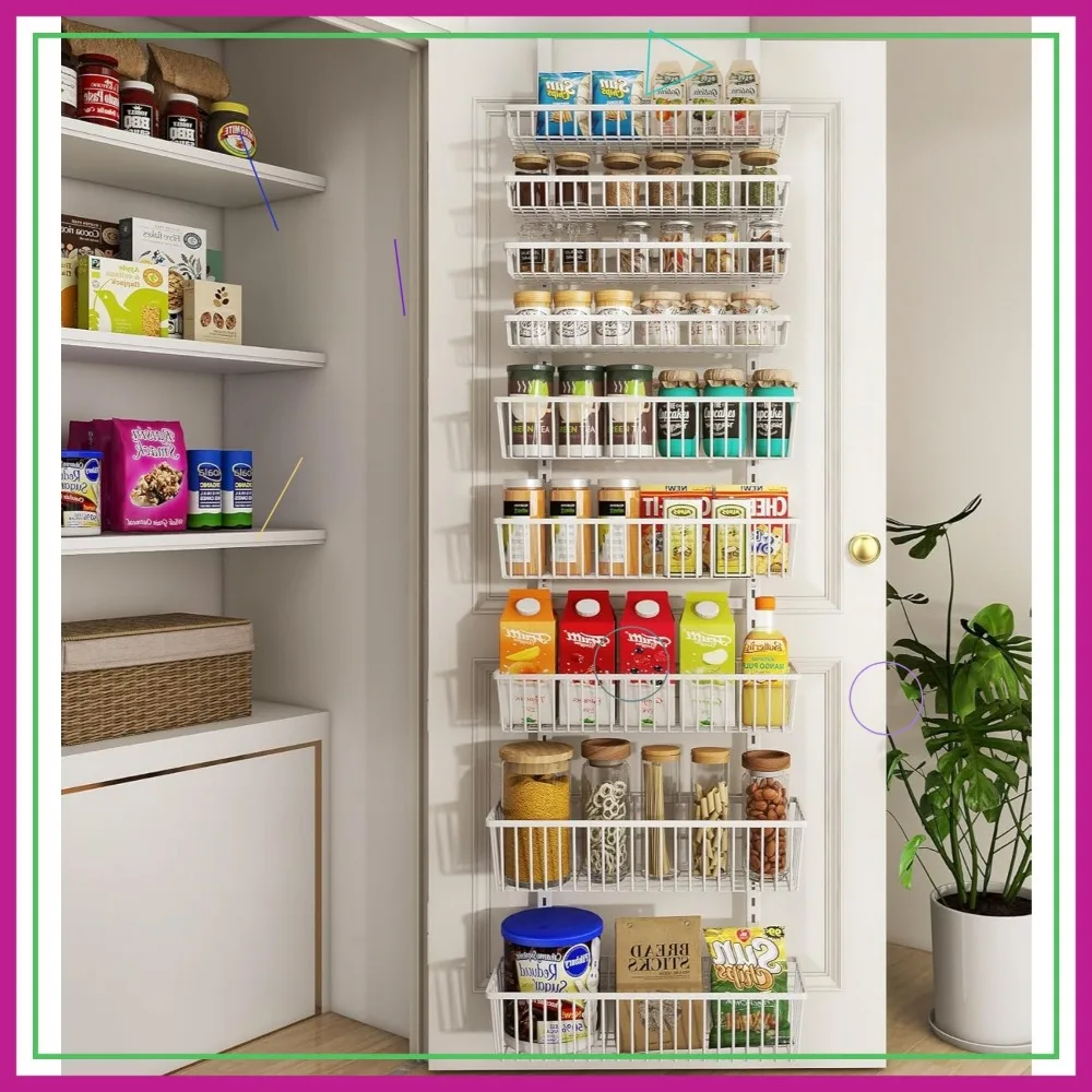 Organizer Pantry 9 Tingkat di Atas Pintu dengan Keranjang Dalam, Logam Kokoh untuk Penyimpanan Dapur Rumah