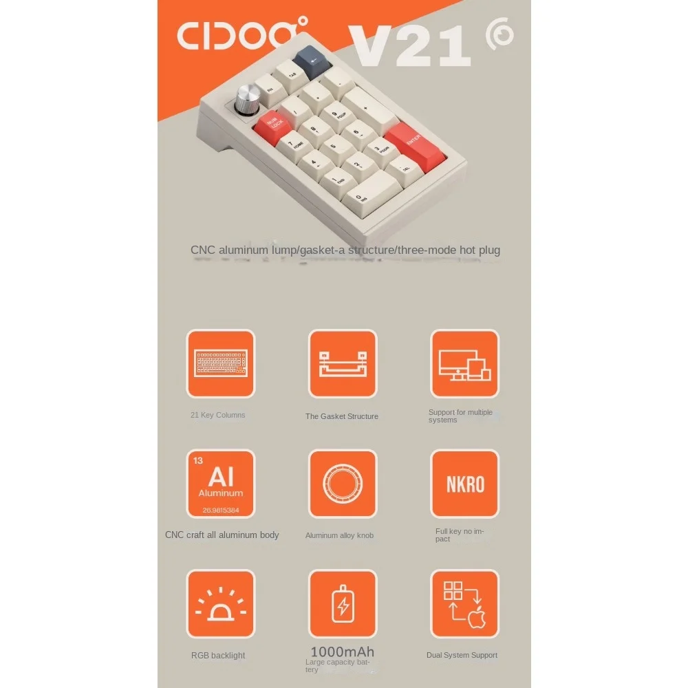 CIDOO V21 Numeric Keypad Tri-mode Wireless Connection Pad RGB Finished Mechanical Keyboard Aluminum Lump 21-key Knob Office VIA